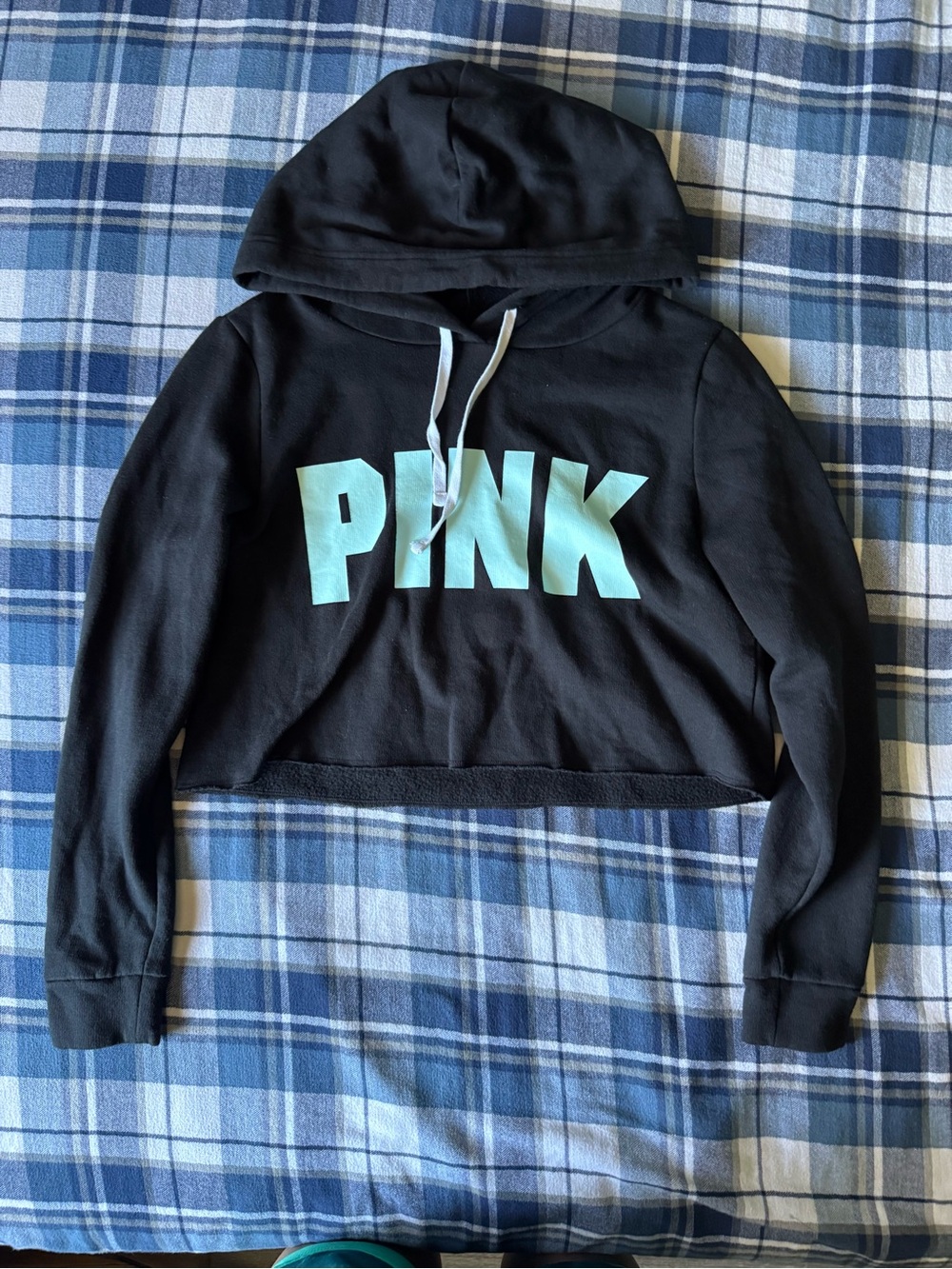 PINK Victoria's Secret Black Cropped Hoodie with Mint Logo